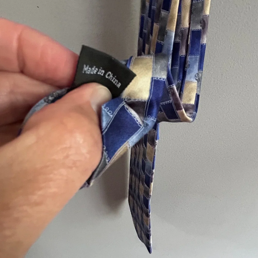 Cocktail Colors Mens Silk Tie Blue Gold Grey Geometric Patchwork Hand Made 61.5